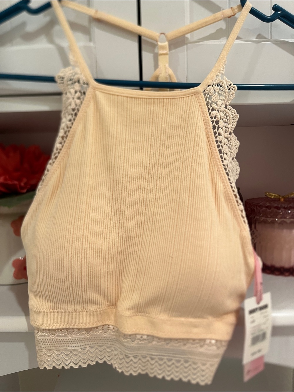 Ribbed Lace-Trim Halter Camisole in Cream